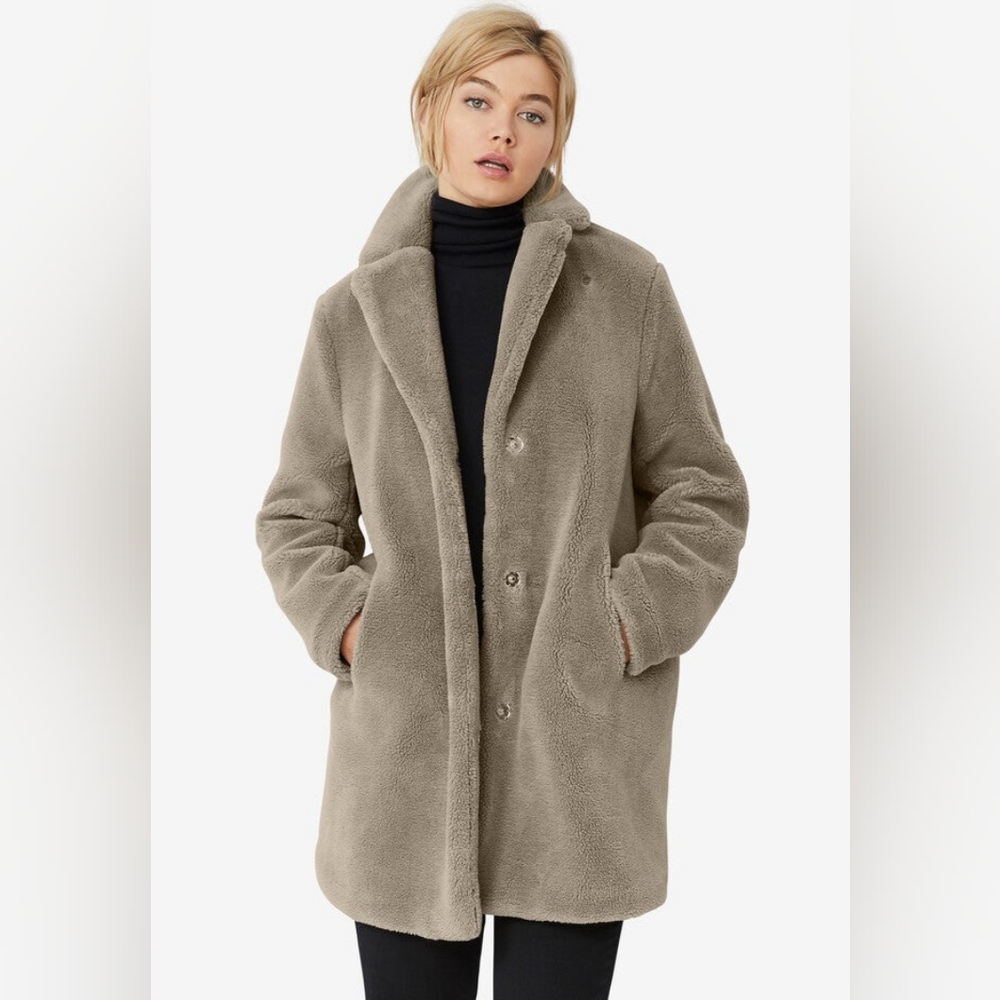 Ellos Teddy Neutral Olive Faux Fur Coat Size 14 - Picture 1 of 8